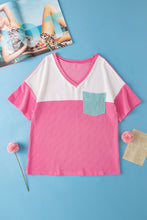 Load image into Gallery viewer, Rose Red Color Block Patch Pocket Corded V Neck Tee
