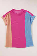 Load image into Gallery viewer, Rose Red Textured Colorblock Crew Neck T Shirt