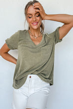 Load image into Gallery viewer, Laurel Green Twist Short Sleeve Corded V Neck Top