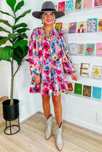 Load image into Gallery viewer, Multicolour Floral Tie Neck Bubble Sleeve Shift Dress