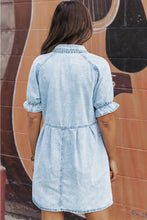 Load image into Gallery viewer, Medium Grey Mineral Wash Ruffled Short Sleeve Buttoned Denim Dress