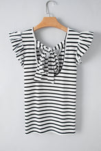 Load image into Gallery viewer, Pink Stripe Butterfly Sleeve V Neck Hollowed Knot Back T Shirt