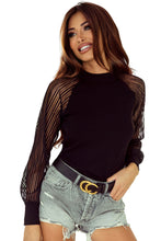 Load image into Gallery viewer, Black Striped Mesh Long Sleeve Crewneck Ribbed Top