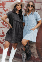 Load image into Gallery viewer, Medium Grey Mineral Wash Ruffled Short Sleeve Buttoned Denim Dress