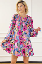 Load image into Gallery viewer, Multicolour Floral Tie Neck Bubble Sleeve Shift Dress