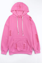 Load image into Gallery viewer, Pink Solid Ripped Hooded Sweatshirt with Kangaroo Pocket