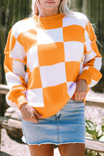 Load image into Gallery viewer, Orange Checkered Bishop Sleeve Sweater