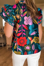 Cargar imagen en el visor de la galería, Green Trimmed Ruffle Sleeve Summer Floral Blouse