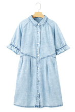 Load image into Gallery viewer, Medium Grey Mineral Wash Ruffled Short Sleeve Buttoned Denim Dress