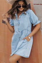 Load image into Gallery viewer, Medium Grey Mineral Wash Ruffled Short Sleeve Buttoned Denim Dress