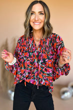 Load image into Gallery viewer, Red Dahlia Abstract Floral Shirred Detail Puff Sleeve Blouse
