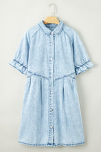Load image into Gallery viewer, Medium Grey Mineral Wash Ruffled Short Sleeve Buttoned Denim Dress