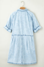 Load image into Gallery viewer, Medium Grey Mineral Wash Ruffled Short Sleeve Buttoned Denim Dress