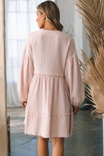 Load image into Gallery viewer, Oatmeal Crinkle Distressed Puff Sleeve Flared Dress