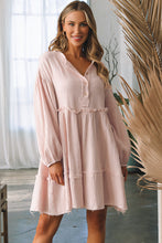 Load image into Gallery viewer, Oatmeal Crinkle Distressed Puff Sleeve Flared Dress