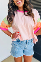 Load image into Gallery viewer, Pink Color Block Stitching Sleeve Round Neck Oversize Top