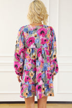 Load image into Gallery viewer, Multicolour Floral Tie Neck Bubble Sleeve Shift Dress
