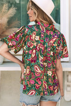 将图片加载到图库查看器，Green V Neck Short Bubble Sleeve Paisley Blouse
