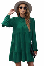 将图片加载到图库查看器，Green Puff Sleeve Mock Neck Back Knot Tiered Dress
