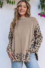 将图片加载到图库查看器，Khaki Leopard High Neck Side Slit Oversized Sweater
