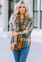 将图片加载到图库查看器，Brown Plaid Color Block Buttoned Shirt with Pockets
