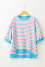 Cargar imagen en el visor de la galería, Sky Blue Stripe Oversized Contrast Trim Exposed Seam High Low T Shirt
