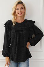 将图片加载到图库查看器，Black Lace Eyelet Ruffle Shoulder Long Sleeve Blouse
