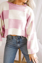 Load image into Gallery viewer, Pink Checkered Bishop Sleeve Sweater
