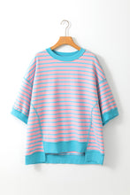 将图片加载到图库查看器，Sky Blue Stripe Oversized Contrast Trim Exposed Seam High Low T Shirt
