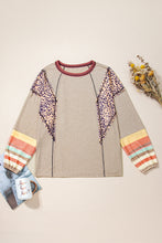 将图片加载到图库查看器，Khaki Leopard Serape Patchwork Exposed Stitching Pullover Top
