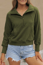 将图片加载到图库查看器，Green Fleece Lined Zip Up Stand Collar Thumbhole Sleeve Sweatshirt
