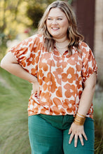 Load image into Gallery viewer, Orange Plus Size Floral Print Drawstring V Neck Short Sleeve Blouse
