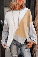 将图片加载到图库查看器，Light French Beige Colorblock Stitching Irregular Hem Long Sleeve Top
