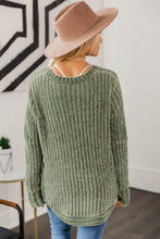 将图片加载到图库查看器，Green Long Sleeve Round Hem Cable Knit Sweater
