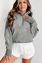 将图片加载到图库查看器，Gray Fleece Lined Zip Up Stand Collar Thumbhole Sleeve Sweatshirt
