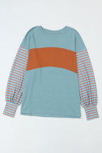 将图片加载到图库查看器，Green Colorblock Striped Bishop Sleeve Top
