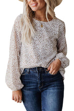 将图片加载到图库查看器，Leopard Crew Neck Long Sleeve Blouse
