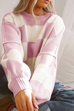 Load image into Gallery viewer, Pink Checkered Bishop Sleeve Sweater
