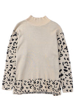 将图片加载到图库查看器，Khaki Leopard High Neck Side Slit Oversized Sweater
