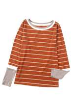 将图片加载到图库查看器，Brown Extend Color Block Cuffs Rib Knit Striped Pullover
