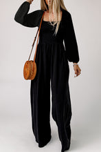 将图片加载到图库查看器，Black Smocked Square Neck Long Sleeve Wide Leg Jumpsuit
