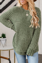 将图片加载到图库查看器，Green Long Sleeve Round Hem Cable Knit Sweater
