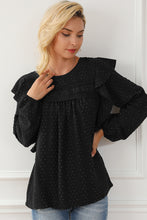 将图片加载到图库查看器，Black Lace Eyelet Ruffle Shoulder Long Sleeve Blouse
