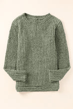 将图片加载到图库查看器，Green Long Sleeve Round Hem Cable Knit Sweater
