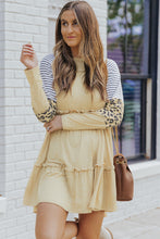 将图片加载到图库查看器，Khaki Striped Leopard Patchwork Long Sleeve Mini Dress
