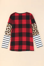 将图片加载到图库查看器，Plaid Print Leopard Splicing Striped Color Block Long Sleeve Top
