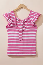 将图片加载到图库查看器，Pink Stripe Butterfly Sleeve V Neck Hollowed Knot Back T Shirt
