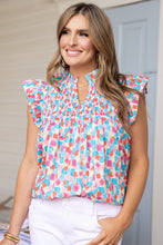 Load image into Gallery viewer, Sky Blue Shirred Yoke Ruffled Abstract Printed Blouse
