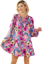 Load image into Gallery viewer, Multicolour Floral Tie Neck Bubble Sleeve Shift Dress
