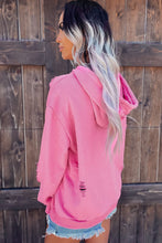 Load image into Gallery viewer, Pink Solid Ripped Hooded Sweatshirt with Kangaroo Pocket
